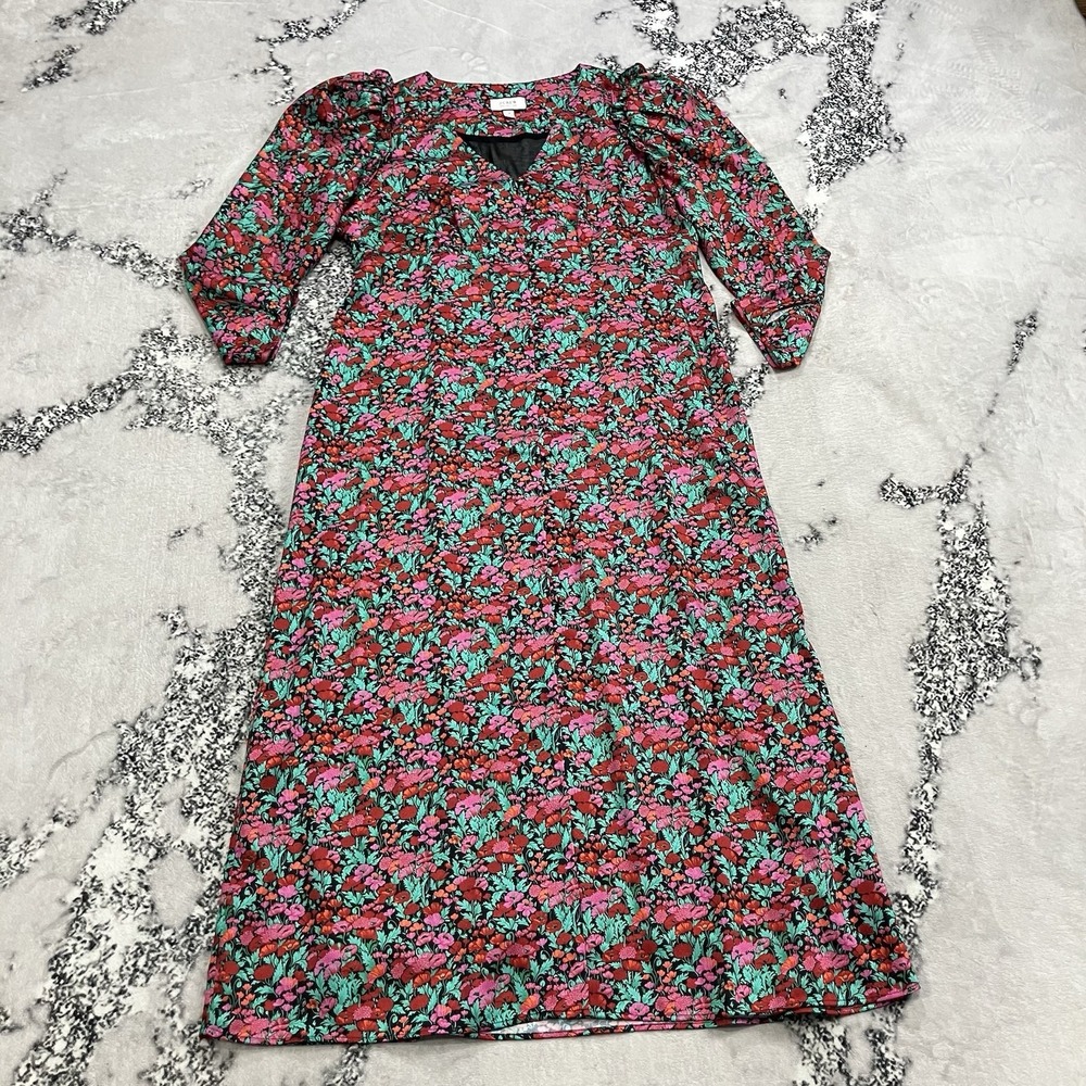 J.Crew Collection Floral Midi Dress Puff Sleeve V Neck Womens Size 14